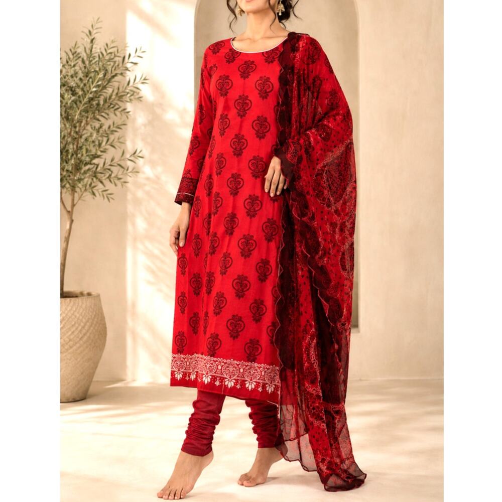 Red Indian Pakistani Dress Cotton Print Dress Pants Scarf Set Size XS